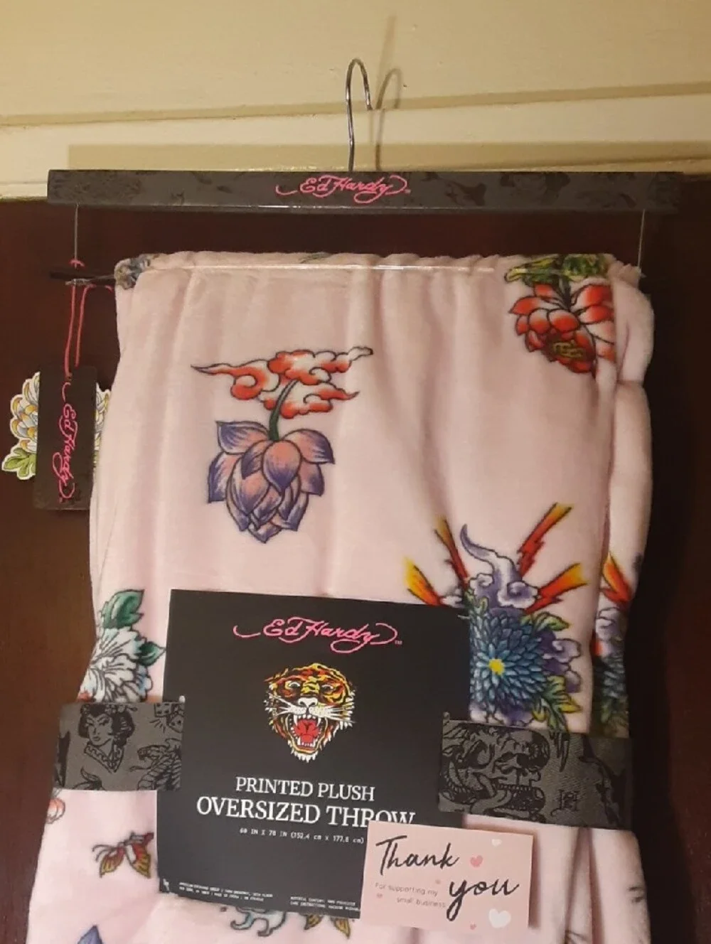 Ed Hardy Soft Pink Throw Blanket with colorful Floral Patterns